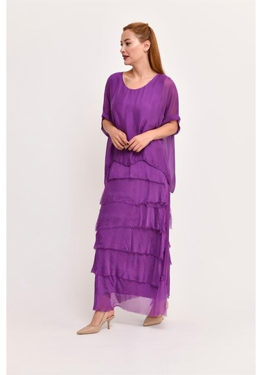 İtalyan 2 Beden İnce Gösteren Yarım Kol Kat Kat Ipek Elbise Mor