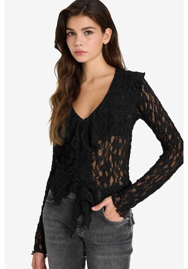 Defacto Slim Fit Dar Kesim V Yaka Dantel Uzun Kollu Bluz G4439ax25wnbk81 Siyah-bk81