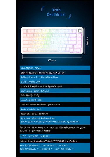 Ak820 Max Ultra 3 Modlu Manyetik Switch Klavye-8+8k Tepkime Süresi-128 K Tarama Hızı Web Driver