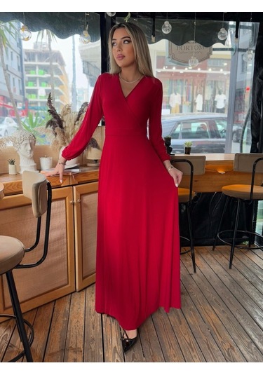 Kadın Kruvaze Yaka Maxi Boy Elbise Kırmızı
