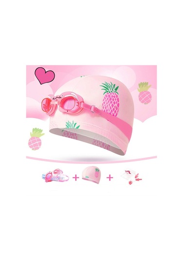 3'ü 1 Arada Çocuk Yüzme Yüzme Şapkası + Yüzme Gözlükleri + Burun Klipsi Kulak Tıkaçları Seti Pembe Ananas Çok Renkli