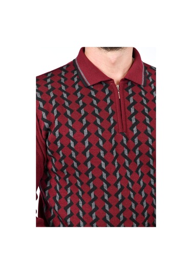 Kamalı Erkek Çelik Örgü Gömlek Yaka Fermuarlı Polo Yakalı Tüylenmez Triko Kışlık Baba Kazak Bordo
