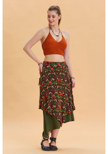 Bağlama Detaylı Beli Lastikli Salaş Etek Yeşil