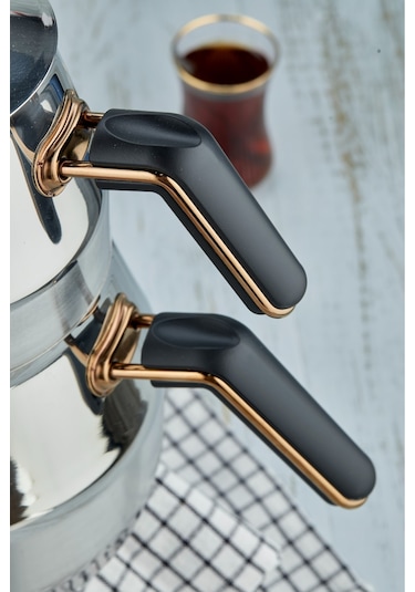 Everest 18/10 Paslanmaz Çelik Orta Boy Çaydanlık 0,75 L Demlik 1,75 L Alt Hazne Siyah