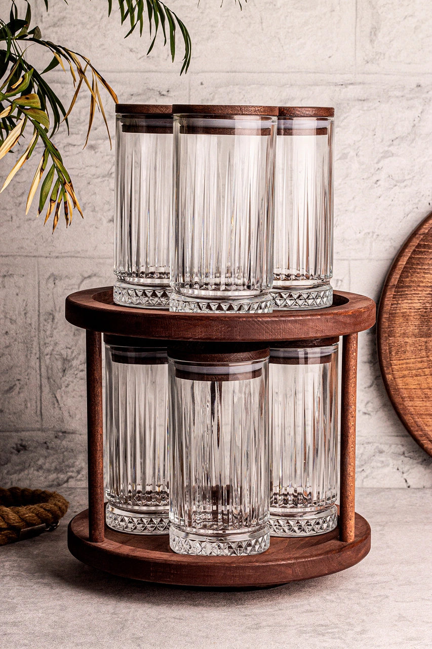 Tomira - 7 Parça Ahşap Döner Standlı Vakumlu Kapaklı Cam Saklama Kabı Baharatlık Seti 450 Ml Ahşap