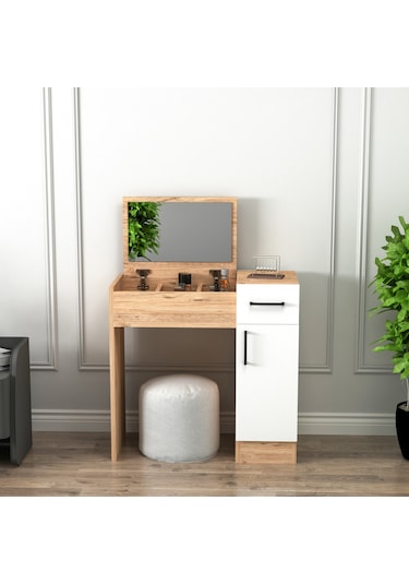 Arnetti İnci Aynalı Makyaj Masası Atlantik Çam Beyaz