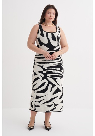 Desenli Triko Elbise-6264 Siyah