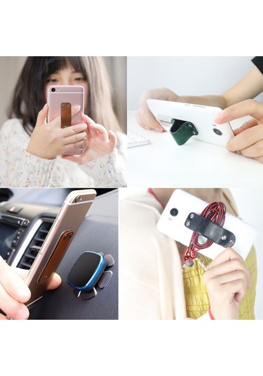 Shineyee Kahverengi Deri Ve Paslanmaz Çelik Telefon Parmak Halkası Tutucu - Araç Montajlı Stand, Evrensel Uyumlu İphone Huawei Samsung Kahverengi