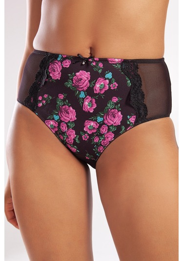 Golshan Gardenia Control Slip, Kadın Dantelli Çiçek Baskılı Siyah Yüksek Bel Külot Çok Renkli