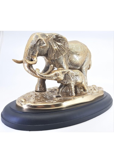 Ahşap Kaide Üzeri Pirinç Fil Ve Yavrusu