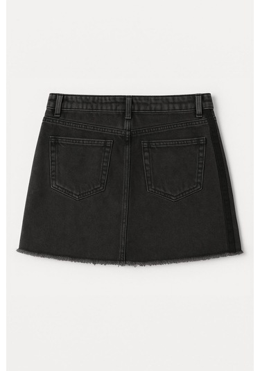Yüksek Bel Püsküllü Mini Jean Etek Antrasit