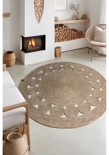 1 Adet Yuvarlak Parçalı Jüt Görünümlü Kilim 100 Cm Kahverengi