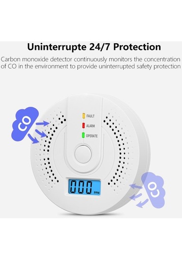 Flybuy Portatif Dijital Karbon Monoksit & Duman Dedektörü, Pil İle Çalışır, 24/7 Koruma, Hassas Algılama, Led Alarm, Beyaz