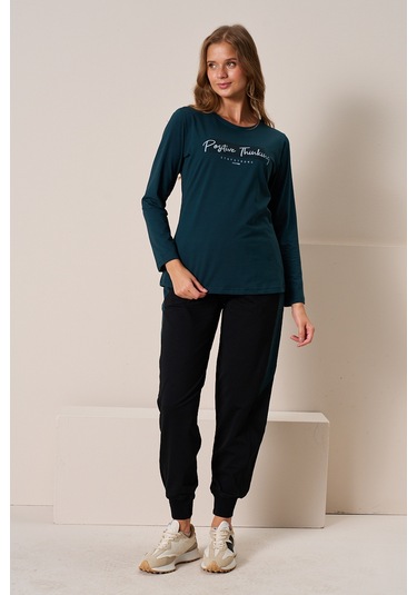 Kadın Penye Uzun Kol Pijama Takımı 3199 Petrol Petrol