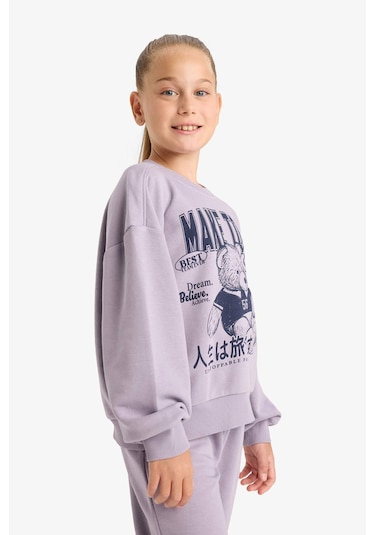 Defacto Kız Çocuk 2li Takım Baskılı Sweatshirt Eşofman Altı E6416a825aupr314 Mor