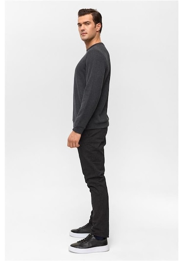 Antrasit Regular Düz Bisiklet Yaka Sweatshirt Antrasit