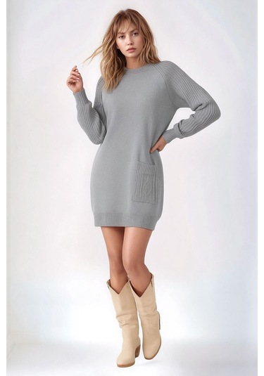 Kadın Kolları Uzun Kendinden Dokulu Bisiklet Yaka Tunik Boy Şık Kışlık Triko Büyük Beden Kazak Gri