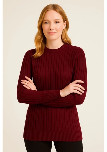 Bisiklet Yuvarlak Yaka Triko Kazak Pamuklu Kalın Fitilli Dokuma, Regular Fit Uzun Kollu Kışlık Model - Bordo Bordo