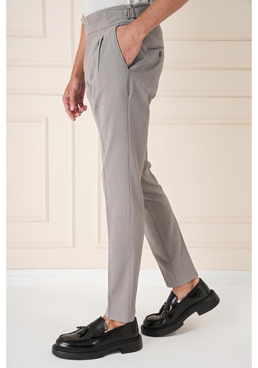 Yandan Tokalı Çift Pileli Esnek Pamuk Gri Pantolon P 1160 Gri