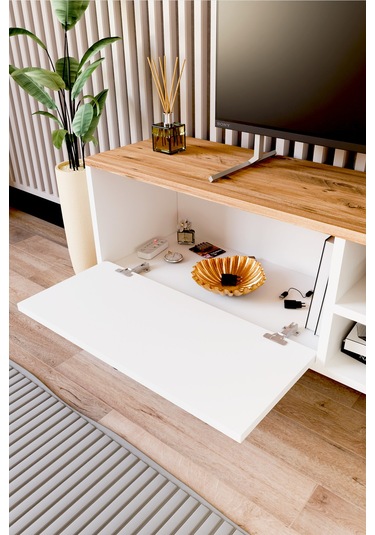 Lena Tv Sehpası, Tv Standı, Televizyon Ünitesi Beyaz - Atlantik Çam