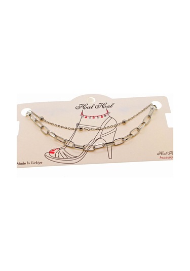 Gümüş Renk Top Ve Oval Dikdörtgen  Zincir Halhal  - 1820 Gümüş