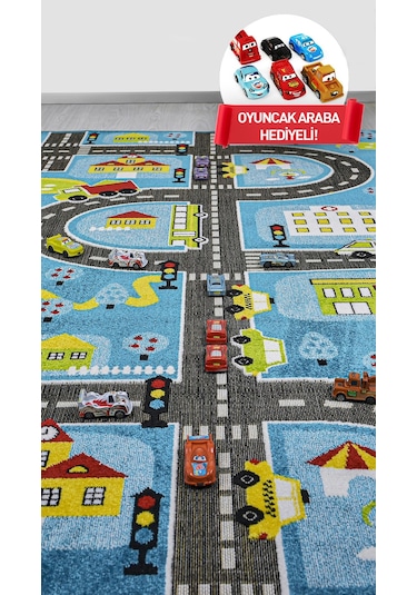 Konfor Halı 3 Boyutlu Mavi Trafik Arabalı Dokuma Çocuk Oyun Halısı Mavi