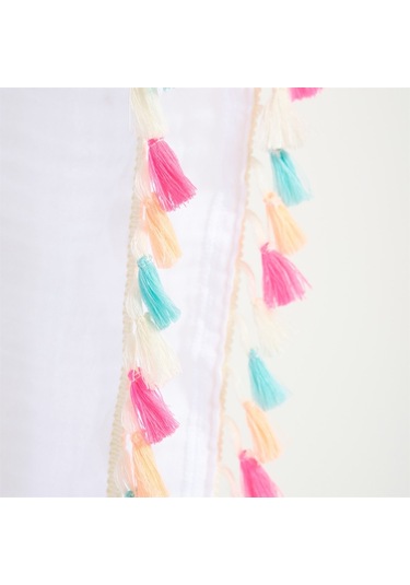 Püskül Detaylı V Yaka Uzun Plaj Elbisesi Beyaz-Standart Beyaz