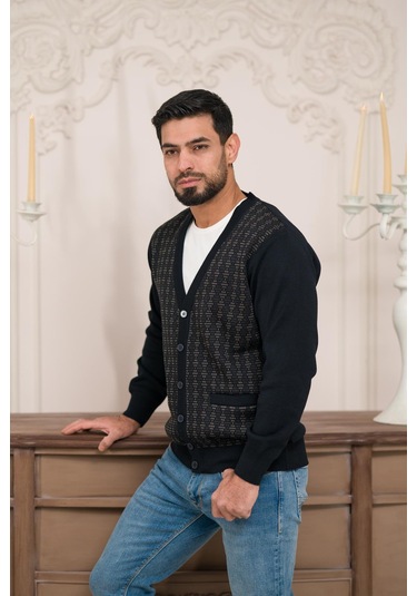 Woolen World Regular Fit V Yaka Ön Cepli Desenli Triko Hırka Lacivert