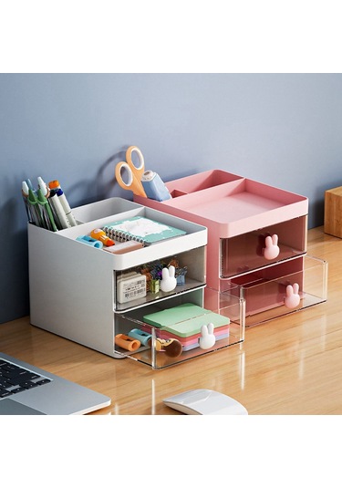 Anjiexun Masaüstü Saklama Kutusu Tüp Şeffaf Çekmeceli Tavşan Saklama Kutusu Mavi Mavi