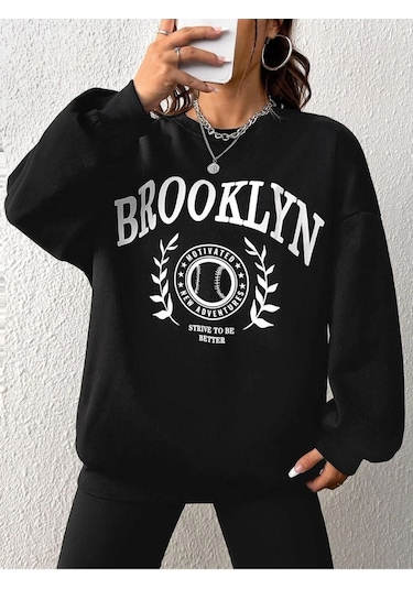 Altamira Unisex Siyah Brooklyn Baskılı Bisiklet Yaka Oversize Sweatshirt 001