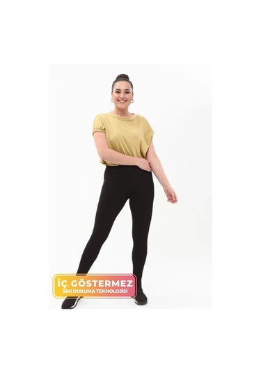 Kadın Konforlu Sporcu Modeli Yazlık Spor Taytı Fitness Gym Training Parlak Battal Fitilli Spor Tayt Siyah