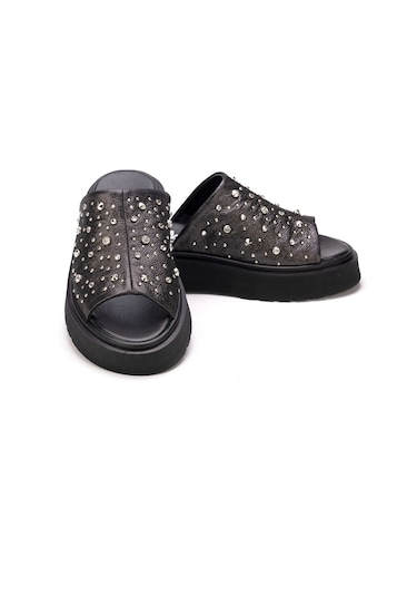 Kadın Siyah Simli Hakiki Deri Taşlı Yumuşak Kalın Tabanlı Terlik