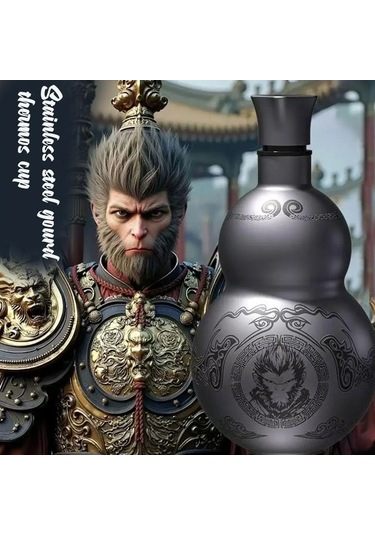 Taşınabilir Wukong Tema Kabak Tarzı Su Şişesi 304 Paslanmaz Diğer Gri - Siyah