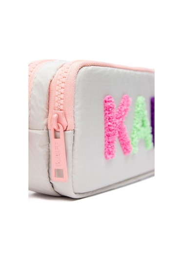 01108 Taş Rengi Pembe Fermuarlı Su Geçirmez Bondit Kumaş Peluş Baskılı Çift Gözlü Kalemlik