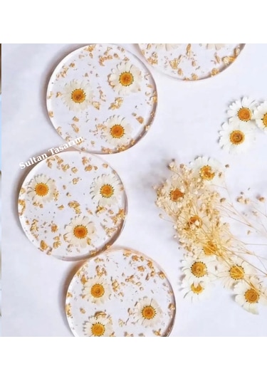 4 Lü Papatyalı Epoksi Bardak Altlığı - 119 Şeffaf