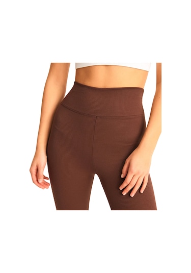 Haki Yüksek Bel Fitilli Toparlayıcı İnterlok Örme Şardonlu Spor Kışlık Tayt Kahverengi