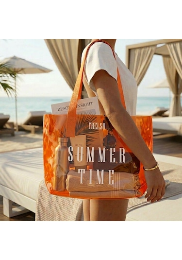 Frelso Şeffaf Plaj Çantası Baskılı Kadın Beach Çanta Turuncu