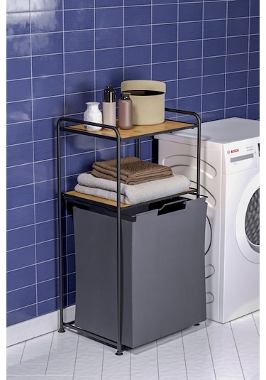 2 Katlı Çamaşır Sepeti Kirli Sepeti Ahşap Raflı Banyo Dolabı Banyo Düzenleyici Organizer Mat Siyah Mg100 Siyah