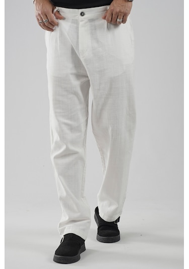 Baggy Fit Kalıp Pamuklu Keten Pantolon Beyaz