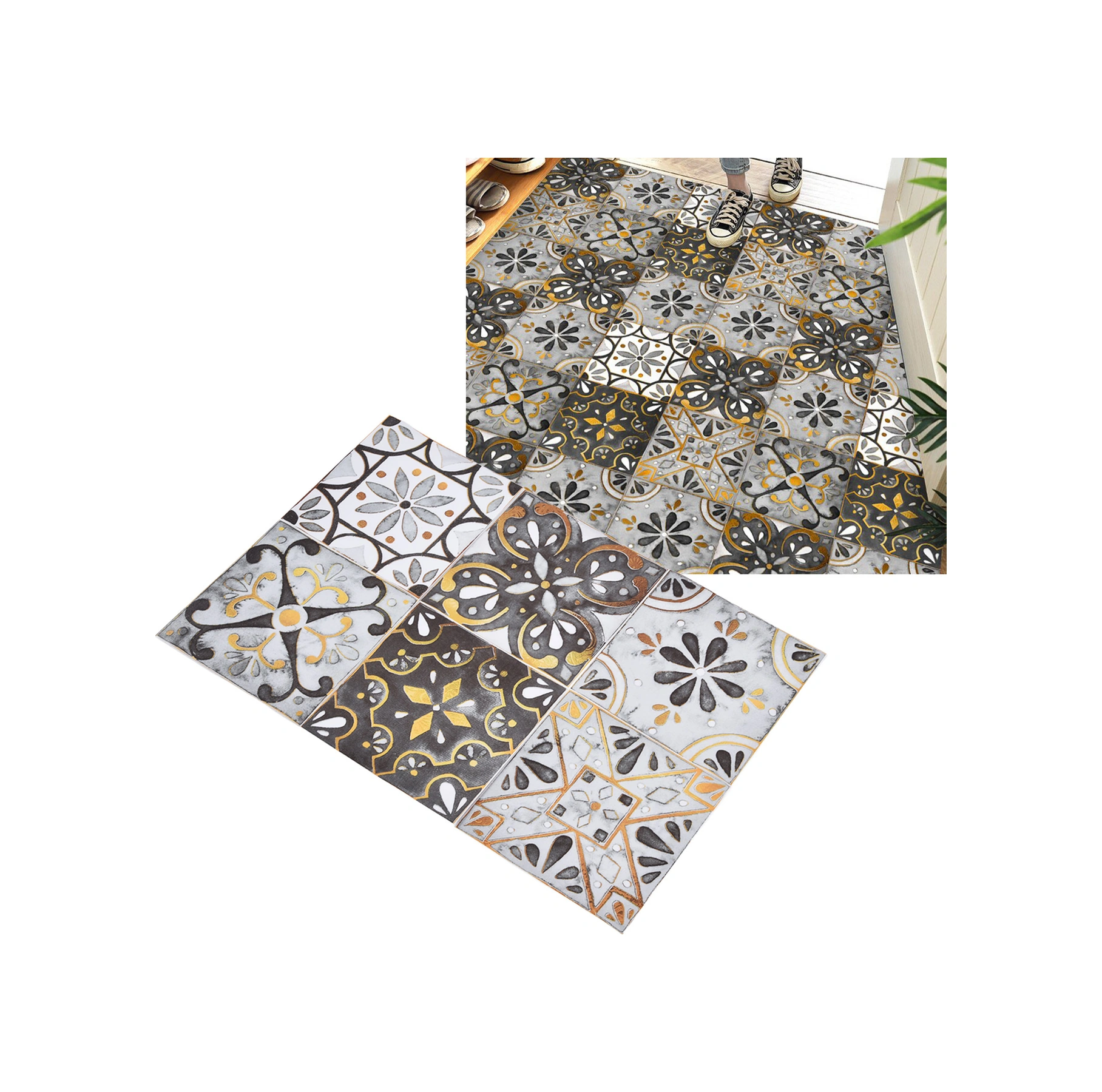 Geeroyoo 2 Paket Toplam 12 Adet 20x20cm Klasik Altın Kenar Pvc Duvar-floor Sticker: Su Geçirmez, Kendinden Yapışkan,复古 Dekoratif Mutfak/banyo Zemin Kaplama Diğer