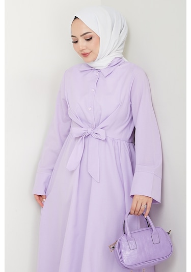 Renda Belden Bağlamalı Elbise 1467 - Lila Lila