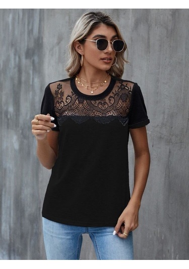 Reka Moda Kadın Kısa Kollu Yuvarlak Yaka Ön Dantel Detaylı Viskon Bluz Siyah
