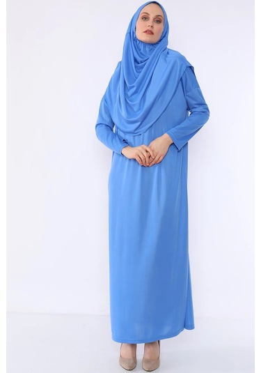 Pratik Başörtülü Tek Parça Namaz Elbisesi Mavi-21014 Gül Kurusu