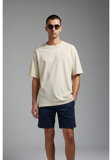 Erkek Oversize Basic Tişört Unisex %100 Pamuk Rahat Kalıp Krem