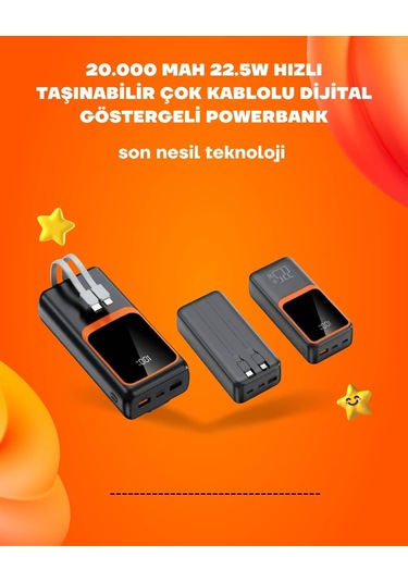 Powerbank 20000 Mah 22.5w Hızlı Şarj, Dahili Kablolu, Lcd Ekranlı Şarj Cihazı Çoklu