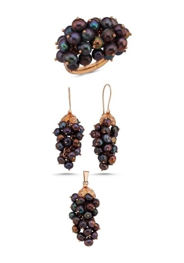 Kadın Üzüm Salkımı Doğal İnci Küpe Kolye Yüzük Üçlü Set 8 / Rose Gümüş