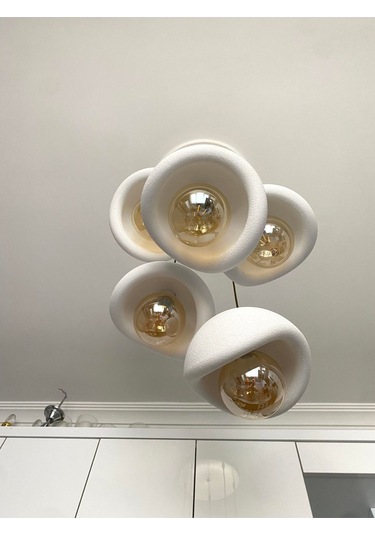 Modern 5'li Avize Beton Dokulu - Salon Ve Oturma Odası İçin Şık Tasarım Rustik Ampul Hediyeli Eskitme - Gold