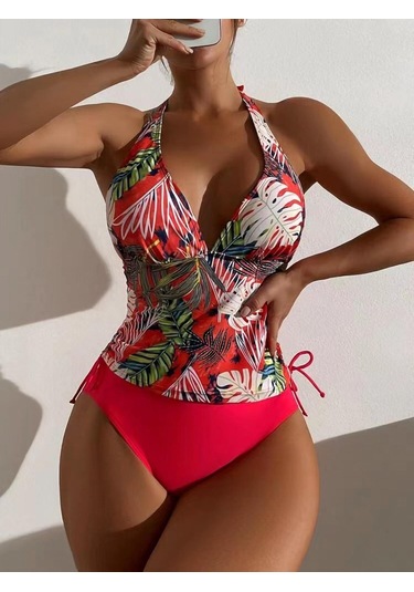 Mayo Kadın Bölünmüş Üçgen Dantel Katı Yaprak Baskılı Bikini Mayo Kırmızı