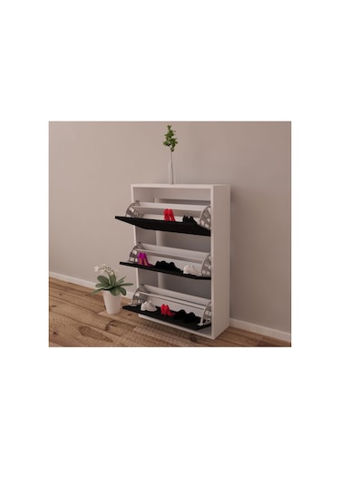 Moonlife 3 Kapaklı Kayar Raflı Ayakkabılık Siyah