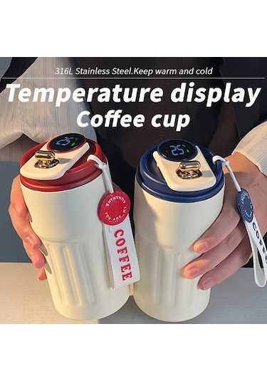 Trendooze Sunshine022 Kahverengi Çok Renkli Çizgili 472ml Paslanmaz Çelik Seyahat Termosu Dijital Sıcaklık Ekranlı Bpa İçermez Kahverengi